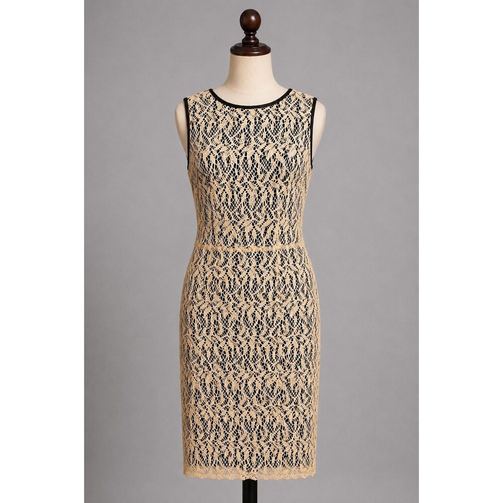 Linea Louis Dell’Olio Dress Small Beige Black Lace Lined Sleeveless Midi